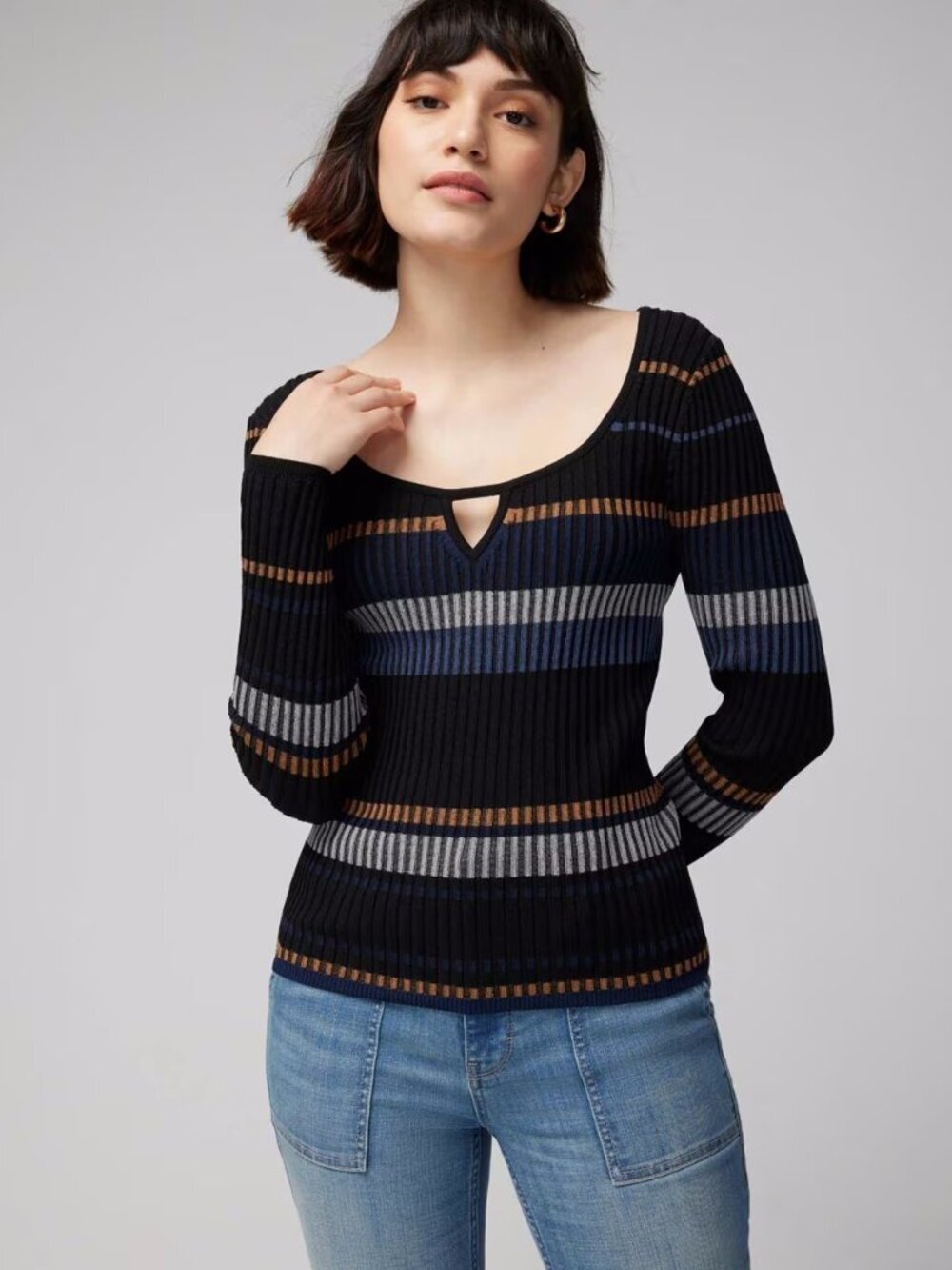 White House Black Market Long Sleeve Stripe Keyhole Pullover Sweater Size S